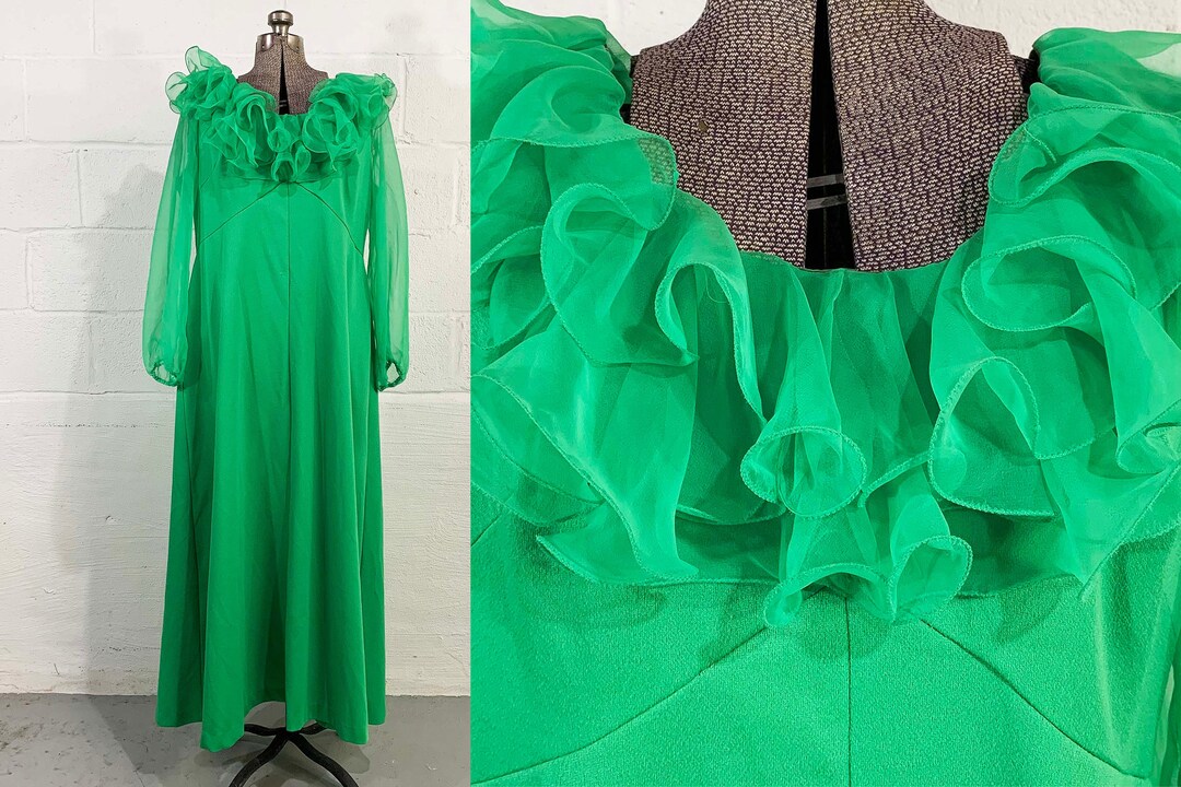 Vintage Kelly Green Maxi Dress Ruffle Collar A-line Sheer Long Sleeves ...