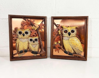Vintage Owl Wall Decor Set of 2 Coppercraft Guild 70s Art Faux Wood 1970s Kitsch Retro Pair Copper 3D Boho Bohemian