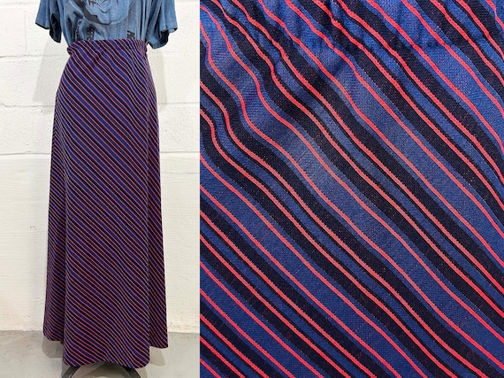 Vintage Diagonal Striped Maxi Skirt Black Red Navy Blue College Style Mod A Line 1970s Medium Small