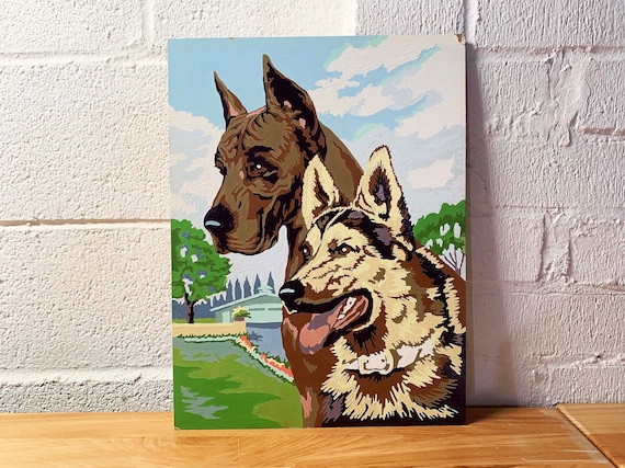 Vintage Paint by Number Dog Art Great Dane German Shepherd Animal PBN Original Painted Amateur Artist Painter 1970s Dogs Dopamine Decor