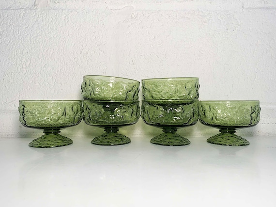 Vintage Avocado Green Anchor Hocking Lido Milano Crinkle Glass Glasses Set of 6 Pedestal Textured Champagne Coupe Sherbet 1970s