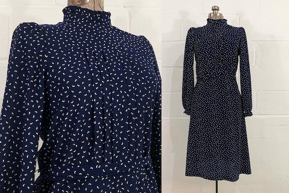 Vintage 1980s Navy Blue White Miss Oops California Dot Dress 80s Long Sleeve Fit and Flare Tie Waist Mockneck Small