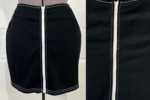 Vintage Fredericks of Hollywood Black Mini Skirt White Full Length Zipper Mod A Line Small 1990s XS