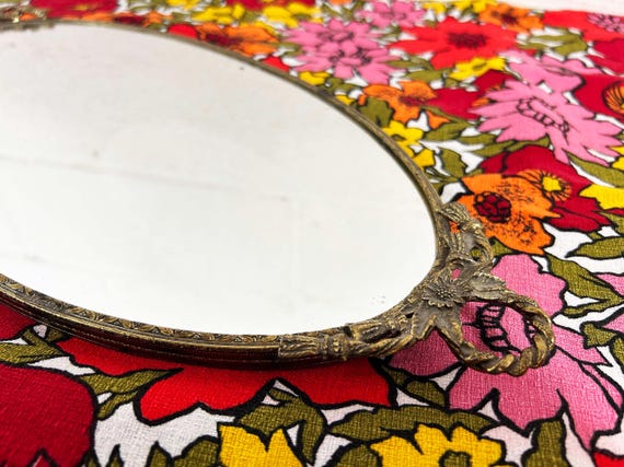 Vintage Art Nouveau Globe Mirrored Vanity Tray Ornate Dresser Filigree Gold Dresser Mirror Ormolu Hollywood Regency 1950s