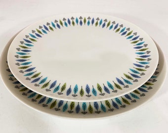 Paire de grands plats de service vintage, milieu du siècle, bleu aqua atomique Syracuse, dîner de fête nordique sans soucis, vacances des années 1950, 1950