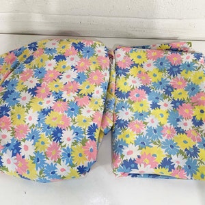 Vintage Twin Sheet Set Flat & Fitted Sheets Wamsutta Pink Blue Yellow Green Floral Bedding Fabric Mid-Century 1960s 1970s image 2
