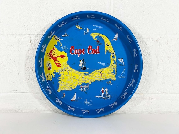 Vintage Metal Cape Cod Drink Tray Plate Souvenir Retro Round Mid-Century Barware Black White Green Gold Massachusettes Beach Coast Bar