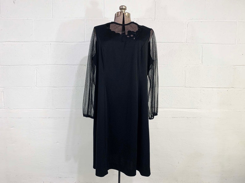 Vintage Black A-Line Dress Sheer Long Sleeves Cocktail Party New Year's Eve Wedding 1980s 80s Plus Curvy Volup XXL 1XL 1X 2XL 2X 3XL 3X image 4