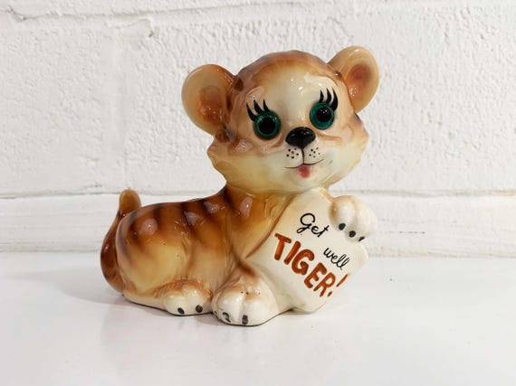 Vintage Tiger Planter Pot Figurine Ceramic Cat 1950s 50s Ceramic Retro Plants Decor Lefton Japan Green Glass Eye Cub Get Well