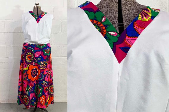 Vintage Mod Drop Waist Dress Midi Psychedelic Style Sleeveless Tiki Floral Twiggy MCM Midi Curvy Volup 1960s XL