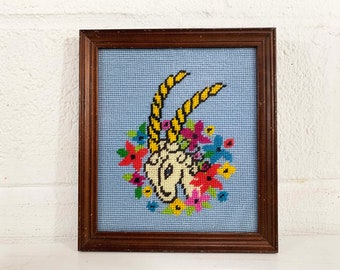 Vintage Framed Embroidered Ram Flowers Needlepoint Sheep Antelope Gazelle Zodiac Aries Floral Crewel Framed Handmade 1970s