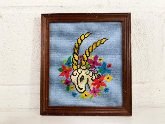 Vintage Framed Embroidered Ram Flowers Needlepoint Sheep Antelope Gazelle Zodiac Aries Floral Crewel Framed Handmade 1970s