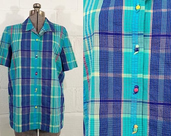 Vintage 90s Plaid Shirt: Cotton Blend with Parrot Buttons