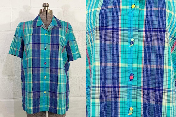 Vintage Blue Plaid Top 90s Cotton Madras Button Down 1990s Short Sleeve Napa Valley Parrot Buttons Curvy Large XL