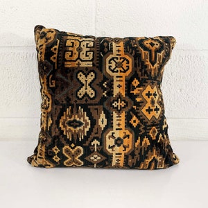 Vintage Black Brown Geometric Pillow Ikat Tan Square Velvet Accent 1970s 70s Home Decor Throw Sofa Couch image 2