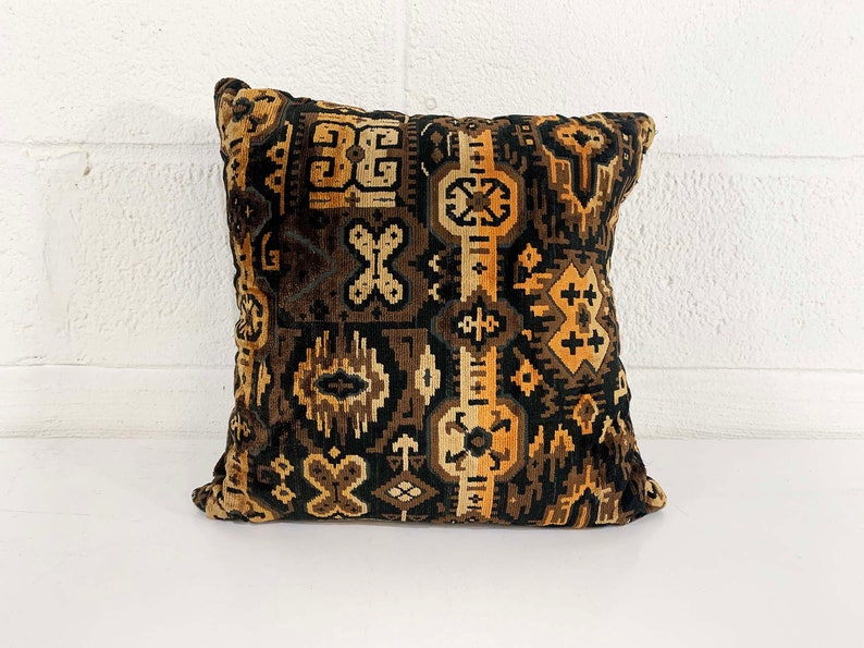 Vintage Black Brown Geometric Pillow Ikat Tan Square Velvet Accent 1970s 70s Home Decor Throw Sofa Couch image 2