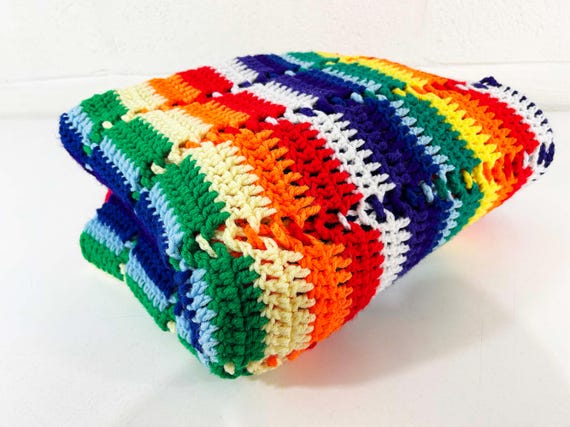 Vintage Rainbow Striped Blanket Retro Throw Crochet Afghan 1970s Colorful Color Handmade Kitschy Granny Grannycore