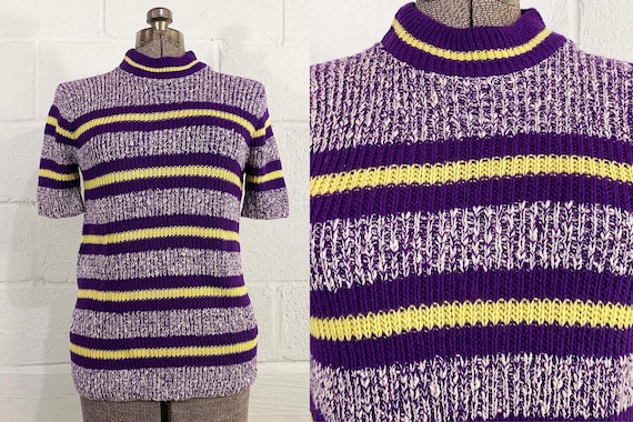 Vintage Short Sleeve Sweater Purple Yellow 70s Striped Stripes Sleeves Knit Mock Neck 1970s Medium Large
