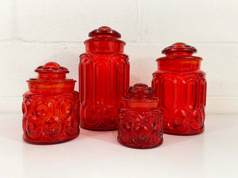 Vintage LE Smith Red Moon & Stars Glass Canisters Set of 4 Kitchen Canister Food Storage MCM Glassware 1960s Retro Cookie Jar image 3