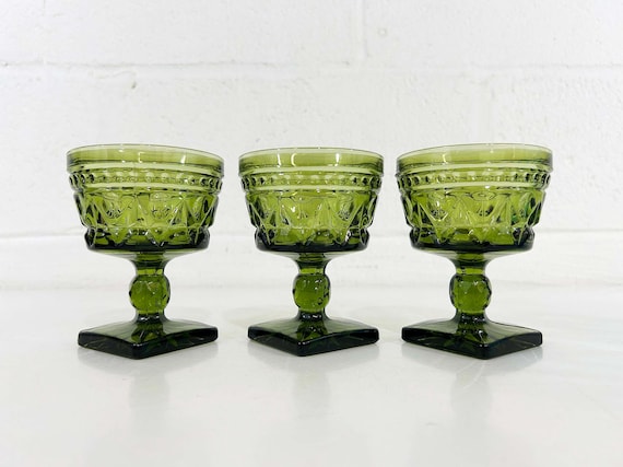 Vintage Park Lane Colony Coupe Glasses Green Square Pedestal Base Goblet Set of 3 Faceted Indiana Glass 1970s 1960s
