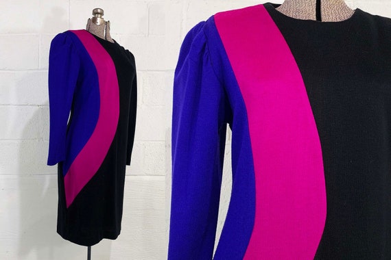 Vintage Black Colorblock Dress Long Sleeves Mob Wife Aesthetic Pink Purple Stripe 1980s 1990s Large