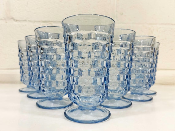Vintage Iced Tea Glasses Set of 7 Indiana Glass Whitehall Pattern Blue Periwinkle Highball Wine Goblet Water 1960s