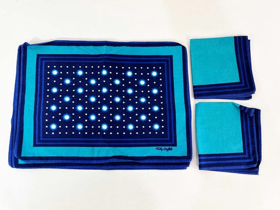 Vintage Blue Polka Dot Placemats Set of 4 Turquoise Navy Mid-Century Place Mats MCM Style Set of 2 Matching Napkins 1980s 1970s