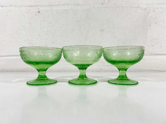 Vintage Hazel Atlas Uranium Glass Set of 3 Green Depression Cloverleaf Footed Sherbet Pressed Clover Dessert Bowl 30s 1930s