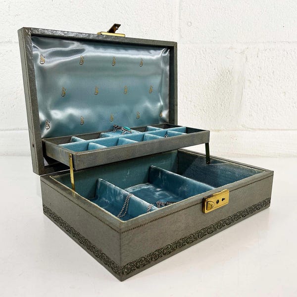 Vintage Gray Green Jewelry Case Velvet Vanity Storage Mele Box 1950s Lock & Key