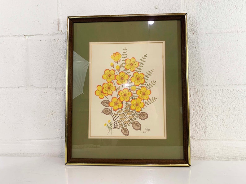Vintage Framed Floral Print Olivia Francis Frame Lithograph Litho Yellow Flowers 1981 1980s image 6