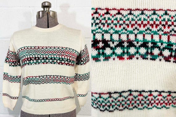 Vintage Cream Wool Sweater Ski Pullover Long Sleeve Knit Fair Isle Hygge 1960s Small XS