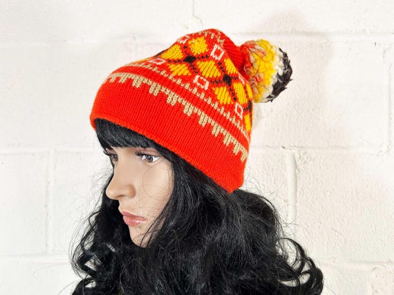 Vintage Fair Isle Winter Hat Wool Wigwam Orange Yellow Accessory Mid-Century Knit Beanie Pom Pom Snow 1970s 1980s
