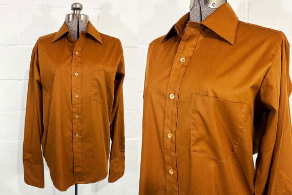 Vintage Mustard Brown Button Front Long Sleeve Shirt Collar Exclusive Permanent Press Cuff Links 1960s XL Large