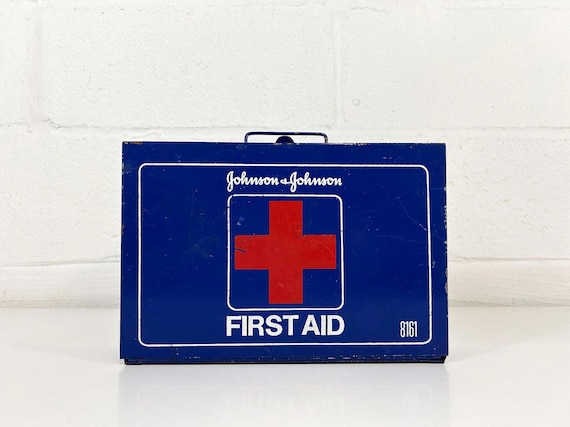 Vintage Metal First Aid Kit Johnson & Johnson Industrial Bathroom Medicine Cabinet 1970s