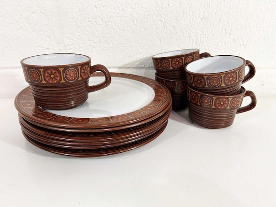Vintage Snack Set of 5 Cups and Plates Brown Mod Jonas Robert Painted Sands Apache Retro Serving Hosting Party Kitchen Japan Kawaii 1970s