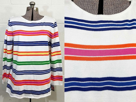 Vintage Long Sleeve Rainbow Sweater White Striped Ralph Lauren Boat Neck Stripes 1990s Y2K 100% Cotton Plus Curvy Volup XXL 2X 2XL