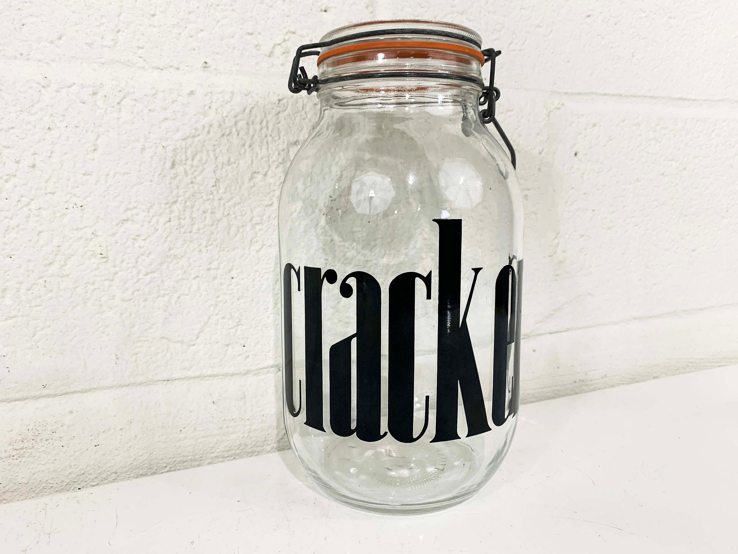 Vintage Glass Cracker Jar Kitchen Canister MCM Typography Storage 3