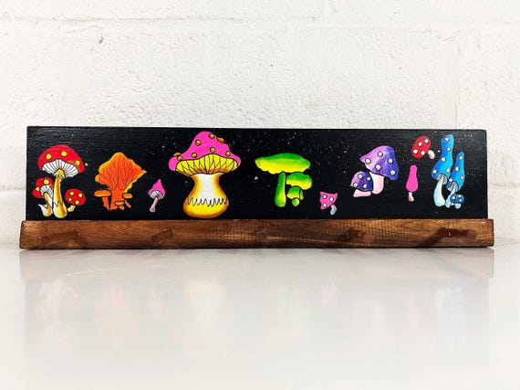 Vintage Galaxy Mushroom Hook Wall Hanging Wooden Kitchen Keys Storage Retro Kitsch Kitschy Kawaii Office Home Decor 1970s Style Black Light