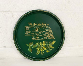 Vintage Metal Nebraska Drink Tray Plate Souvenir Retro Nashco Mid-Century Barware Green Hand Painted