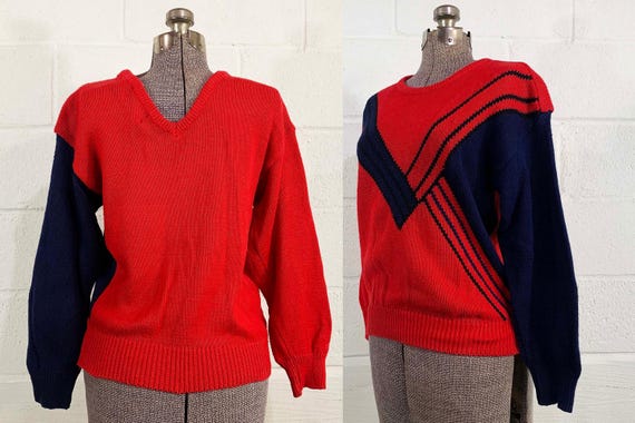 Vintage Striped Long Sleeve Sweater Back V Neck Sophisticates Jumper Stripe Navy Blue Red Geometric Geo 1980s 80s Medium