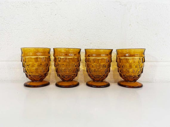 Vintage Amber Glasses Set of 4 Indiana Glass Whitehall Pattern Yellow Orange Cocktail 1960s 1950s Wine Short Goblet Barware MCM