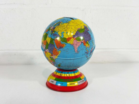 Vintage Globe Bank Mid Century Ohio Art Tin Lithograph Zodiac Calendar Metal World Map Baby Kids Room Nursery Decor 1960s