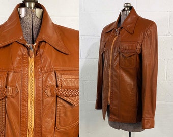 Vintage Brown Leather Jacket L'Europa Fashion Coat Hipster Zip Front Boho Mod Satin Lining 1970s Medium