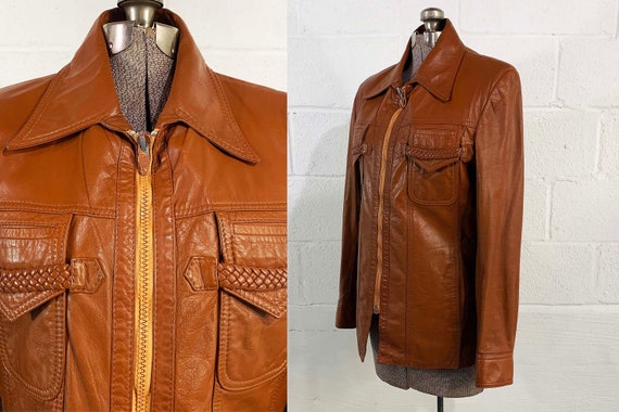 Vintage Brown Leather Jacket L'Europa Fashion Coat Hipster Zip Front Boho Mod Satin Lining 1970s Medium