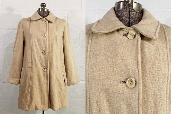 Vintage Beige Felted Winter Coat Peacoat Lined Jacket Hipster Belted Boho Mod Herman Kay Wool Blend Ivory Cream Large 1980s