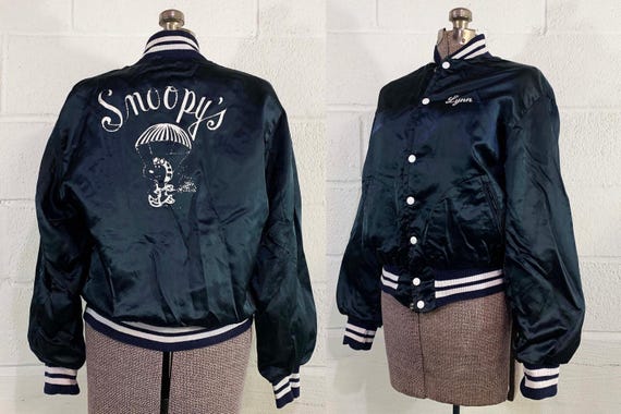 Vintage Blue Satin Snap Jacket Hipster Bomber Coat 70s 1970s Empire Sporting Goods  Girl Gang Snoopy's Snoopy Woodstock Medium Large