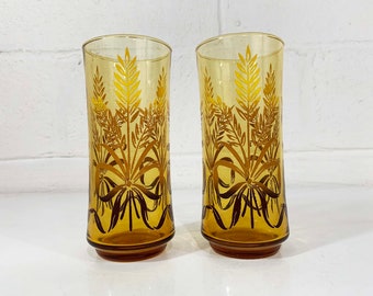 Vintage Libbey Glasses Yellow Gold Brown Wheat Tumblers Set of 2 Reed Grasses Retro Glass Barware Cocktail 1970s