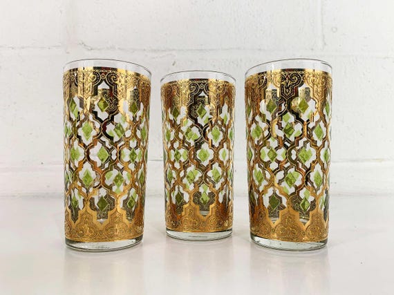 Vintage Culver Valencia Glasses Set of 3 Tall Tumbler Highball 1960s Barware Bar MCM Mad Men Mid Century 60s Glass 22kt Gold Filigree
