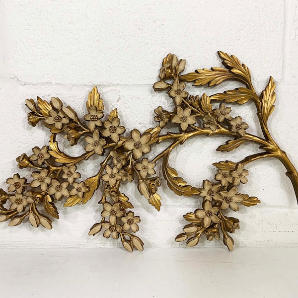 Vintage Gold Flower Branch Wall Hanging Floral Cherry Blossom Dogwood Flowers 60s 1967 Boho Retro Syroco Plastic Dart Romantic Dopamine MCM