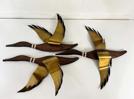 Vintage Flying Geese Wall Art Mid Century Modern Masketeer Teak Wood Brass Metal Bird 1960s Decor Goose